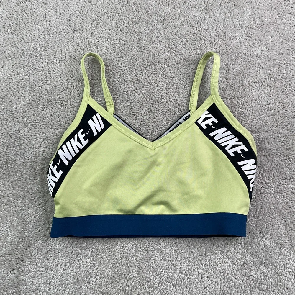 Nike Sports Bra Womens Medium Green Dri-FIT Indy Logo Light Support Gym Training